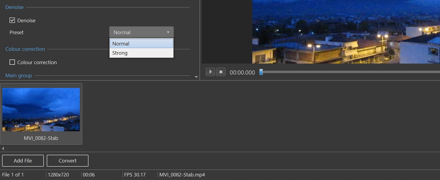 PTE Video Optimiser video noise reduction presets (Normal, Strong) with real-time denoise preview