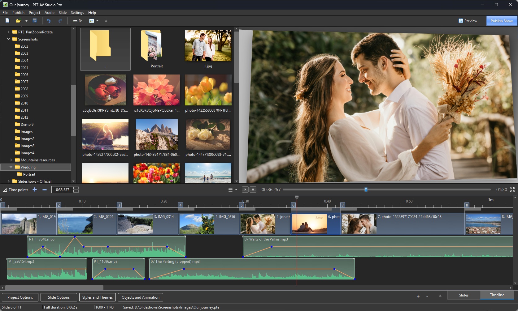 PTE AV Studio. Timeline-Ansicht und Audioeditor